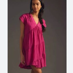 Maeve by Anthropologie Juliet Tiered Tunic Dress in Magenta w Pockets Sz XS EUC